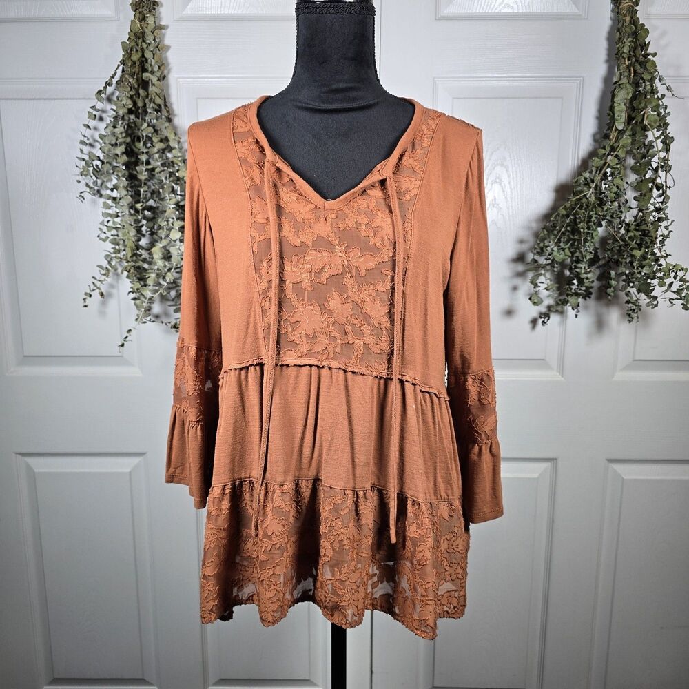 Cupio Women's XL Boho Lace Tiered Peasant Tunic Top Cottage Burnt Orange Autumn
